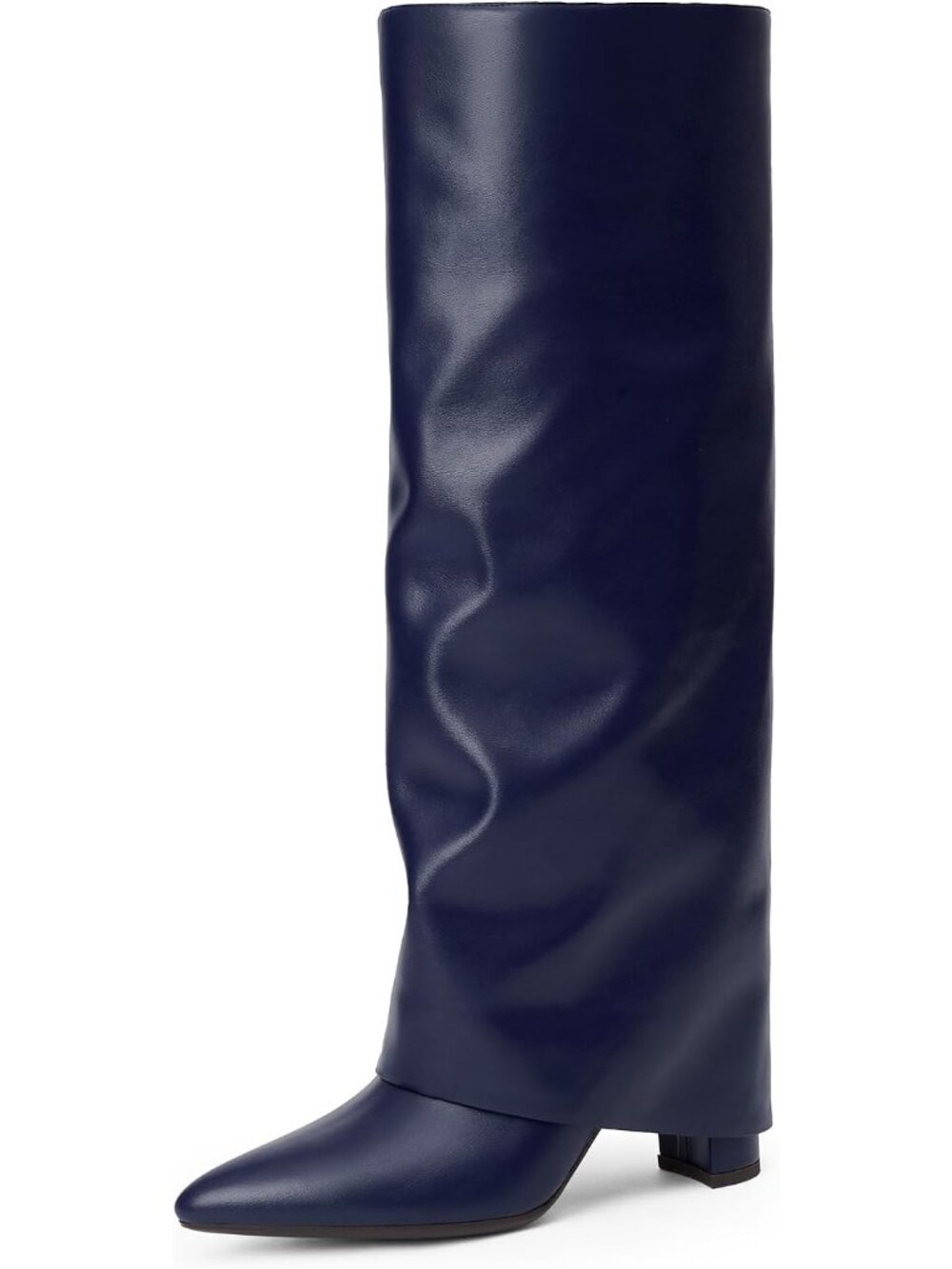Women's Blue Pu Knee High Fold Over Boots Chunky Heel Pointed Toe Tall Boots